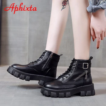 Aphixta 5 cm Toc Platforma Femei Cizme Glezna Înălțime Creșterea Dantela-up Zip & Cataramă de Încălțăminte de Iarnă Pantofi Femei, Pantofi cu Toc Femeie