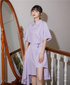 CHEERART Asimetric Lung Tricou Femei Rochie Violet Butonul de Sus Maneca Scurta Guler Rochii de Vara Casual Stil coreean