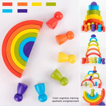 De învățământ Stivuire Jucărie Cadou de Ziua Blocurile Montessori Arcuit Pentru Copii Inteligenta Imaginația DIY din Lemn Curcubeu