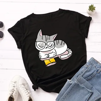 Desene animate Cat Graphic Tee de Mari Dimensiuni 5XL Animale Amuzant Tricou O-gat Maneci Scurte pentru Femei Tricou Femei Topuri Largi de Bumbac T-shirt