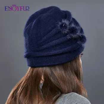 ENJOYFUR femei de iarnă cașmir tricotate pălării nurca naturale pompom dungă fata capota de moda de sex feminin cald în aer liber nou brand căciuli