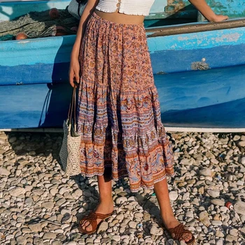 Jastie de Vară 2020 Fusta Midi Femei Vintage Chic Floral Print Boho Fuste Talie Elastic Casual Plaja Fusta faldas mujer moda
