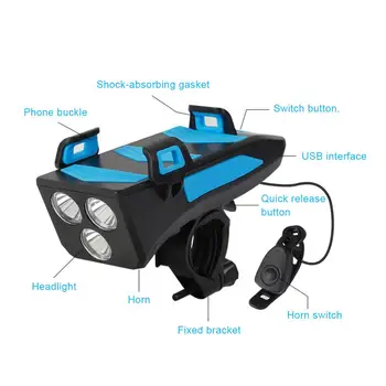 Multi-functia 4 in 1 Bicicleta Lumina USB Reîncărcabilă LED Faruri de Biciclete Bike Horn Suport de Telefon Powerbank Ciclism Lumina