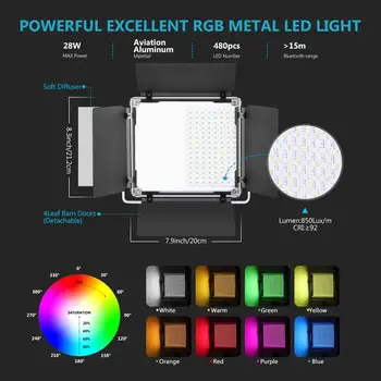 Neewer Led RGB Lumina Video cu APLICAȚIE de Control Telefon,Reglabil 7 Culori+ Bi-Culori, CRI95 / Luminozitate 0% -,Barndoor + Ecran