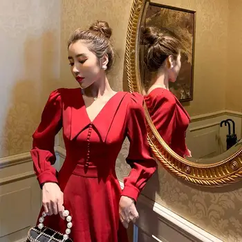 Roșu De Crăciun Elegant Femei Rochie Casual Toamna Petrecere Retro Rochie Midi De Sex Feminin Subțire Hepburn Chic Rochie Coreeană Femei 2020 Nou