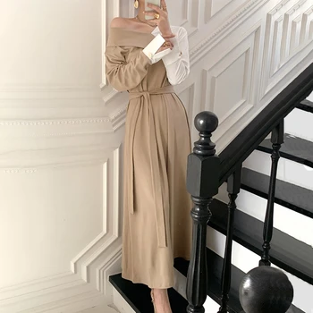 Culoare-blocat V-neck Sexy Korean Elegant Rochie Lunga Femei 2021 Primavara Plina Sleeve Belted O-linie Cutat Rochii Vestidos Femme
