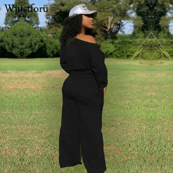 Wjustforu Două Bucata Set Pentru Femei Culoare Solidă Streetwear Pe Umăr Crop Top Bandaj Talie Mare Largi Picior Pantaloni De Trening Utilaje